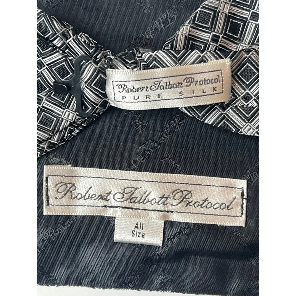 Robert Talbott Protocol‎ Pure Silk Cummerbund Bow Tie Set Geometric Black Silver